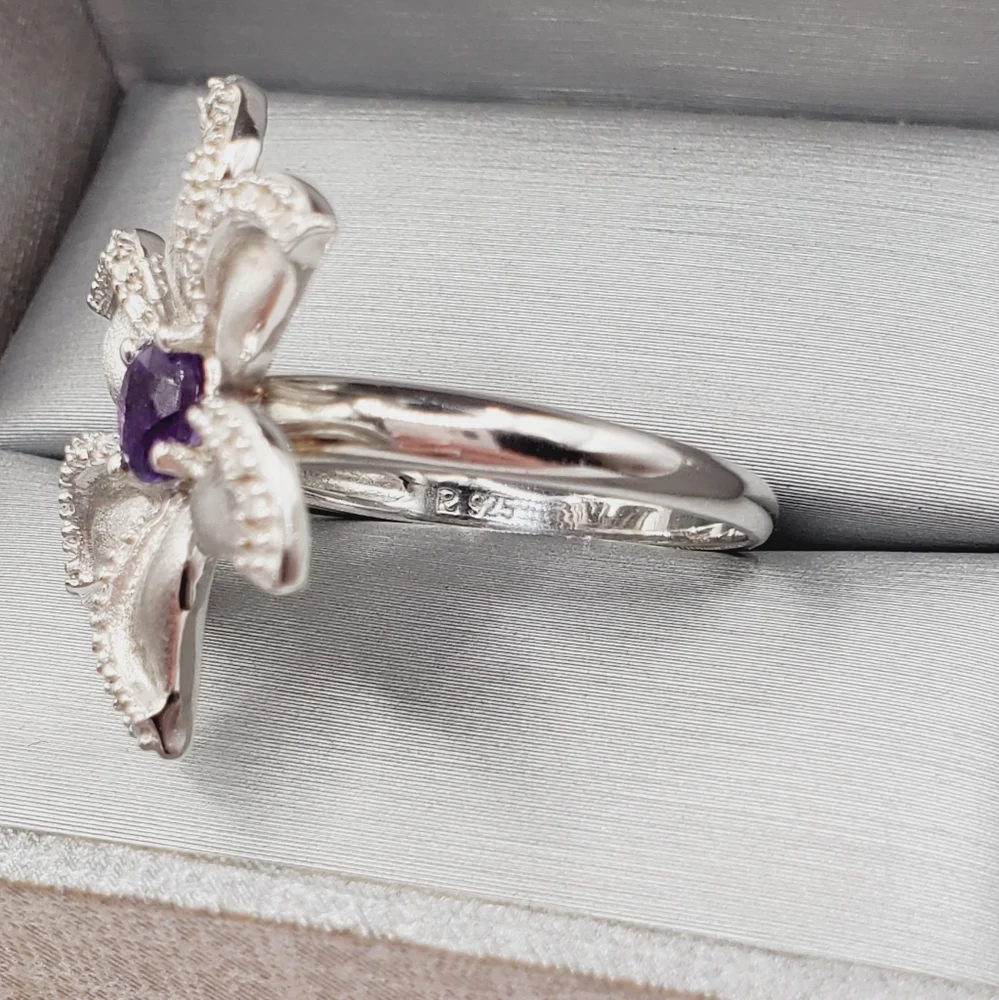 Genuine Round Purple Amethyst & Diamond Accent 925 Silver Flower Statement Ring